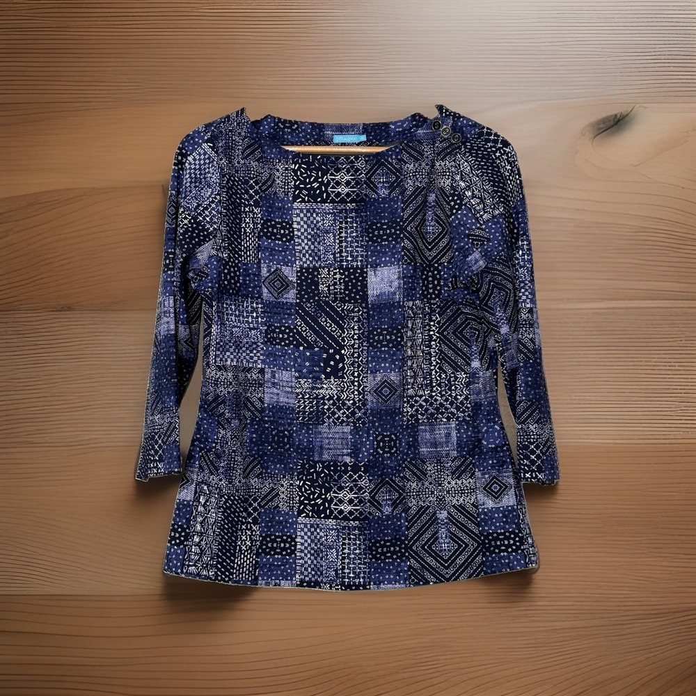 J. McLaughlin Catalina Cloth Stretchy Patchwork PulloverTop 3/4 Sleeve Women's M